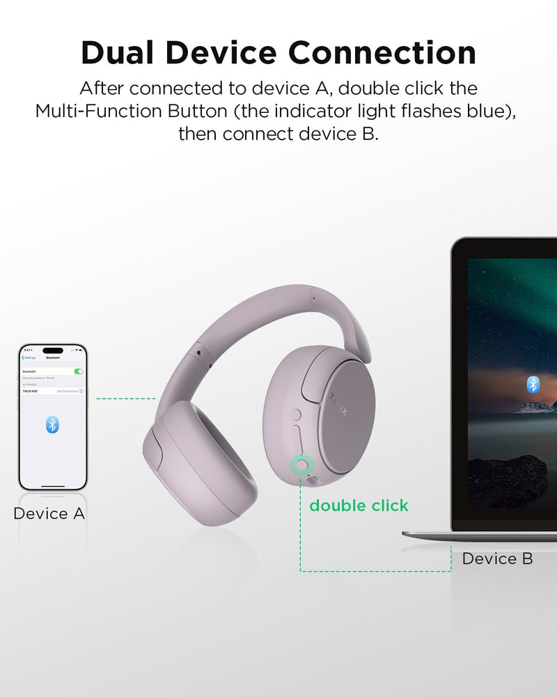 TALIX H30 Hybrid Active Noise Cancelling Headphones, 110H Playtime Hi-Res Audio Bluetooth 6.0 Wireless Over Ear ANC Headphones for Commute/Travel (Purple) Purple