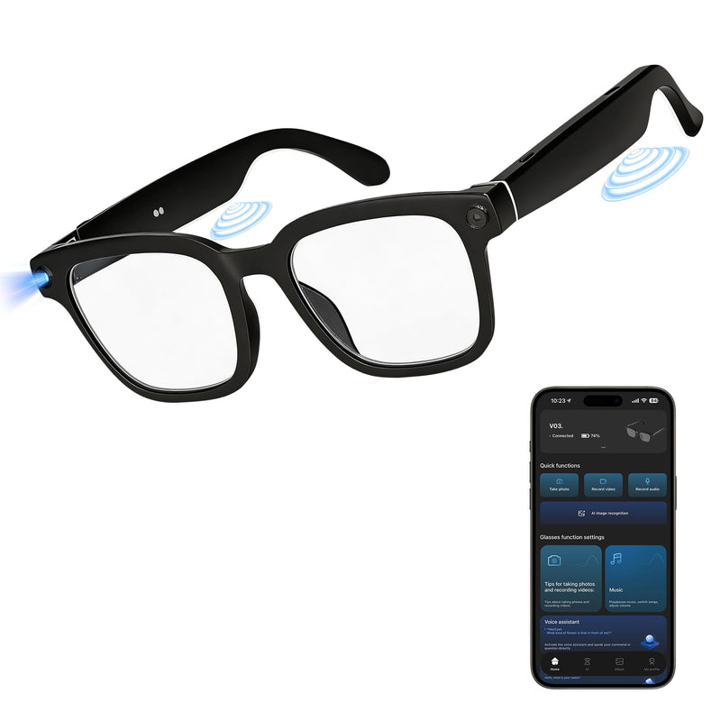 Smart Glasses with Camera and Bluetooth,HD Video Recording,Clear Lens | Voice Control,Open-Ear Bluetooth Audio, Hands-Free Calls Multi-Language Translation, Anti-Shake Video Photo Capture Black-Clear Lens