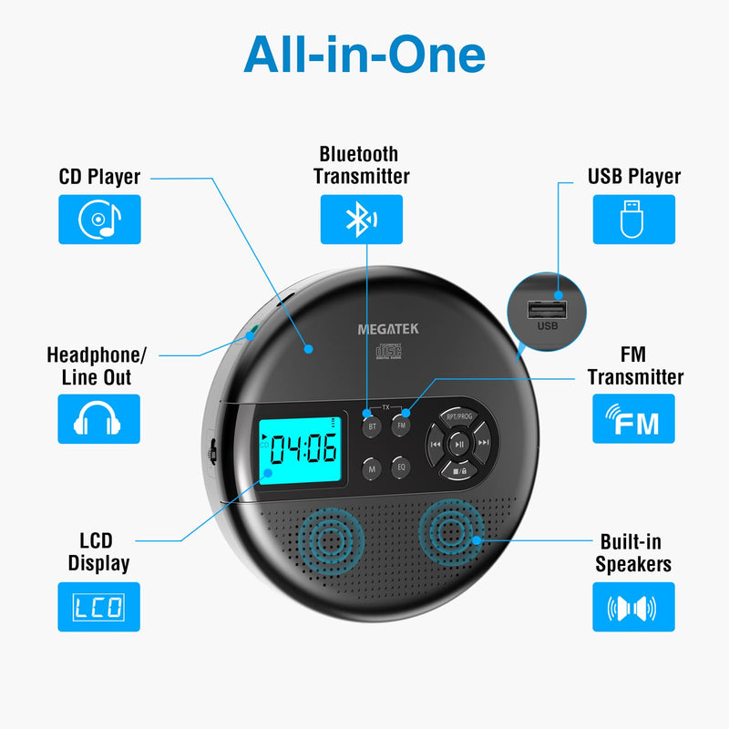 MEGATEK Portable CD Player with Dual Stereo Speakers and 60 Seconds Anti Skip, Personal Walkman CD Player for Car with headphones, USB Port, Bluetooth and FM Transmitter, 2000mAh Rechargeable Battery