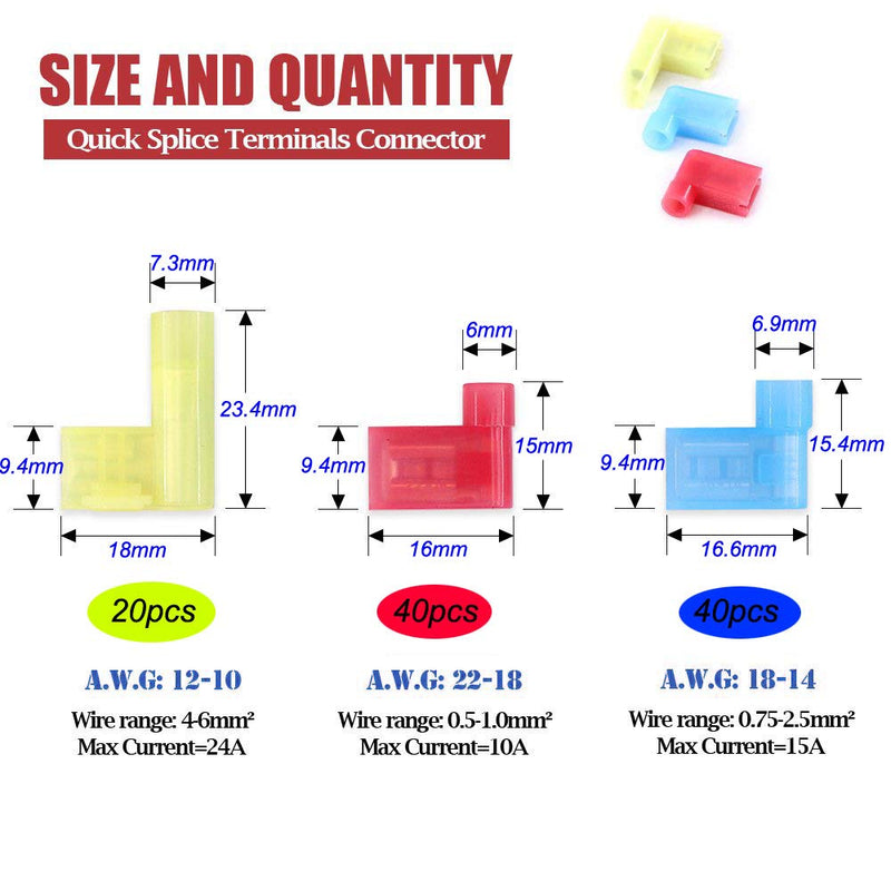 Gebildet Pack of 100 90 Degree Nylon Insulated Connectors, Fully Insulated Flag Female Quick Connectors, Flag Spade Crimp Connection Terminals Female 12-10 AWG/ 22-14 AWG (Red 40, Blue 40, Yellow 20) L Male