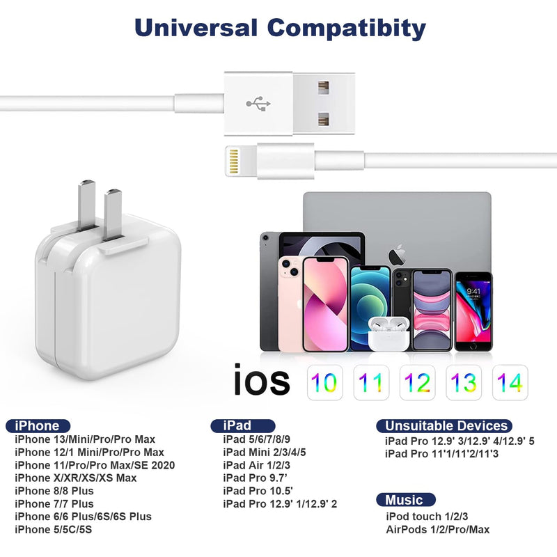 [AUSTRALIA] - iPad iPhone Charger Fast Charging [ Apple Certified ] 2Set 6FT USB to Lightning Cable iPad Cord with 12W Foldable Block iPhone Charging Travel Wall Plug Compatible with iPad, iPad Pro, iPad Air,iPhone 