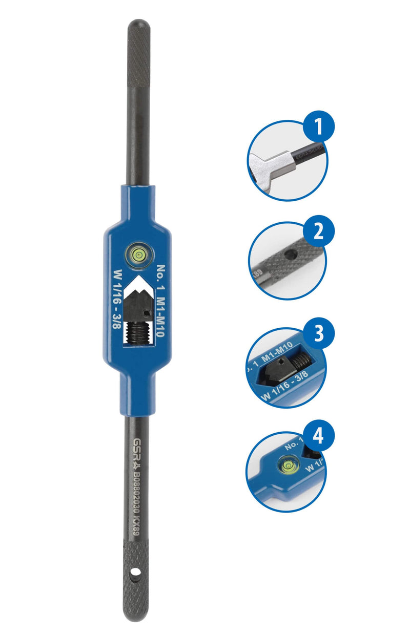 GSR Steel Tap Wrench with Center Eye | Size 2 (M4-M12) | Adjustable Tap Holder with Square Shank | Stainless Steel | Burnished Handles | Hand Tap Tool Holder ‎Nr. 2 | M4- M12 | BSW 5/32-1/2 | BSP G1/8