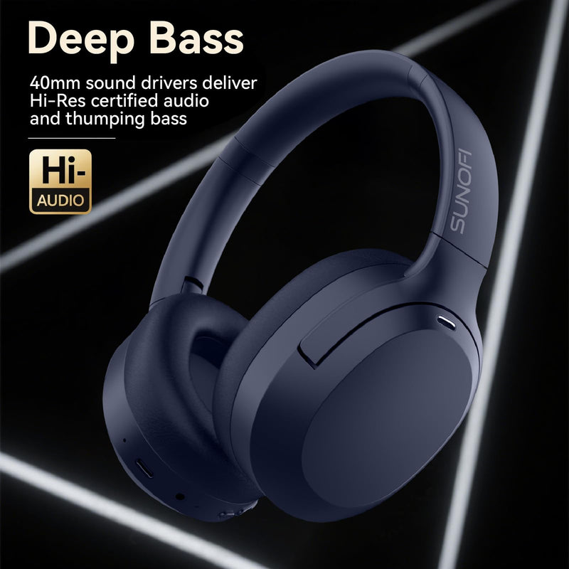 Hybrid Active Noise Cancelling Headphones, Wireless Over Ear Bluetooth Headphones with Mic, 40H Playtime, Hi-Res Audio, Deep Bass, Foldable Comfort Fit Ear Cups for Travel, Office, Home (Blue) Blue
