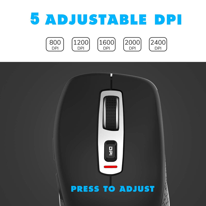 Wireless Mouse 2.4G Noise-Free Cordless Mouse 5 Adjustable DPI (up to 2400) 6 Buttons Portable Computer Silent Mouse with USB Nano Receiver, Suitable for Laptops Computers Macs Laptops (Black) 1 Park Black