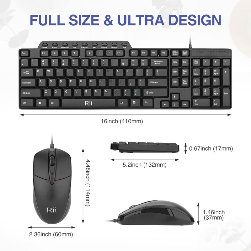 Basic Keyboard and Mouse,Rii RK203 Ultra Full Size Slim USB Basic Wired Mouse and Keyboard Combo Set with Number Pad for Computer,Laptop,PC,Notebook,Windows and School Work(1 Pack) 1 PACK