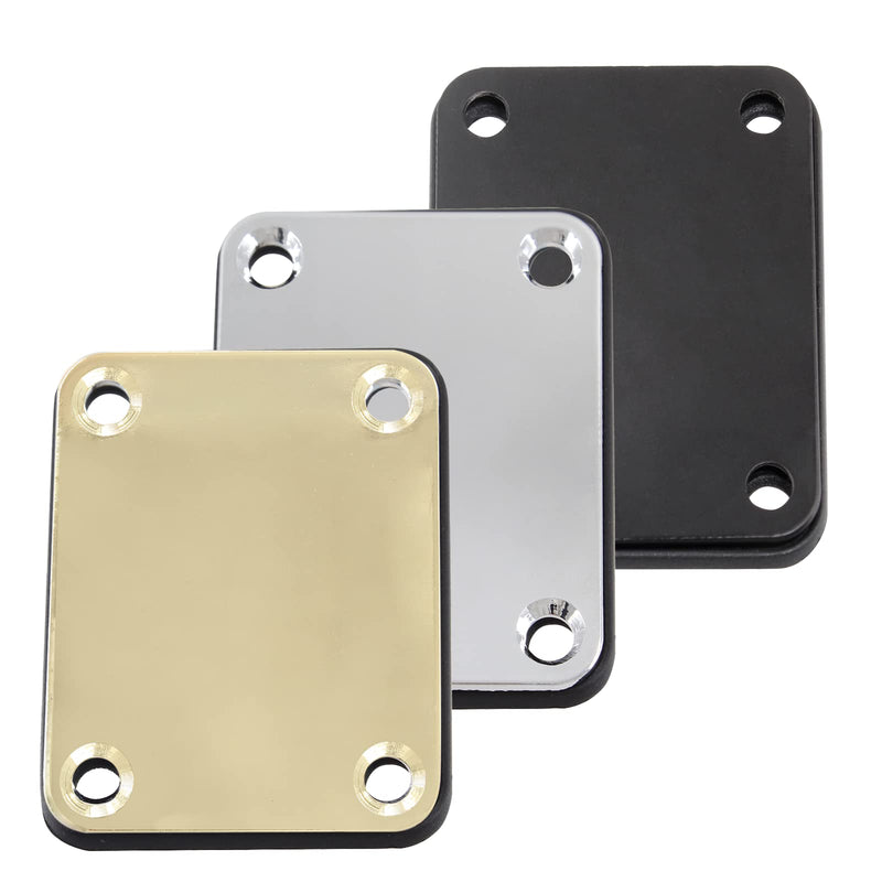 3 Pack Electric Guitar Neck Plates, Metal Guitar Neck Joint Plates with Screws Guitar Parts Replacement for Strat Tele Style Electric Guitar Bass (Black+Silver+Gold) Black+Silver+Gold-3pcs
