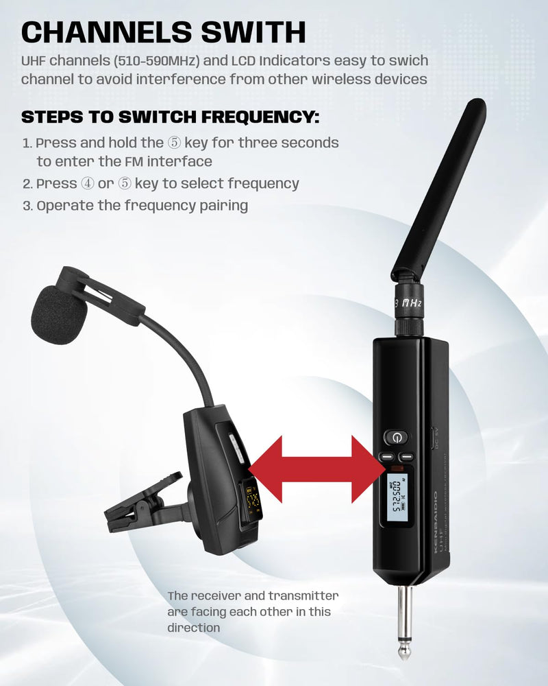 [AUSTRALIA] - Saxophone Microphone, UHF Rechargeable Wireless Instruments Microphone System with Transmitter and Receiver 196ft Range, Clip on Condenser Mic for Trumpet, Trombone, Saxofon, Most Brass Instruments U-720 Saxophone Microphone 