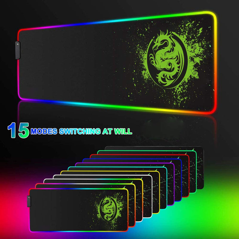 Large RGB Gaming Mouse Pad - 15 Light Modes Extended Computer Keyboard Mat, Anime Dragon Mouse Pad，High-Performance Mouse Pad Optimized for Gamer 31.5 X 12in (Green) Green