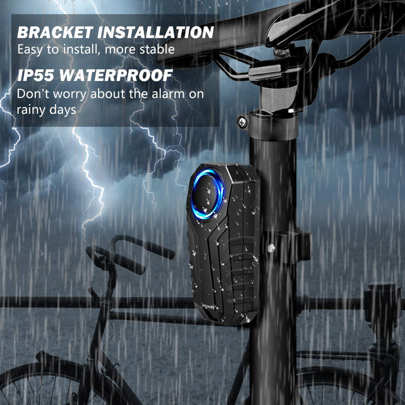 WSDCAM Anti-Theft Bike Alarm with Mount, 113dB Burglar Vibration Motorcycle Bicycle Alarm Security System Waterproof Cycle Bike Alarm with 2 Remotes