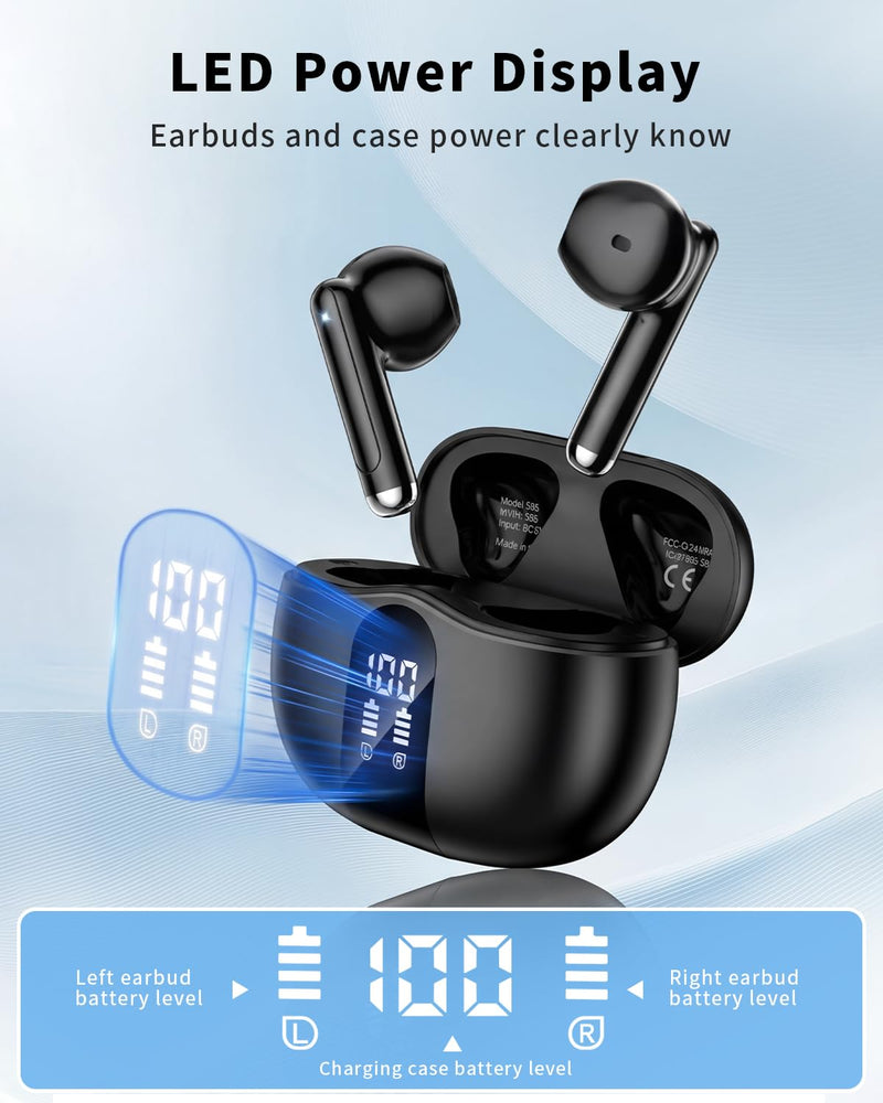 Wireless Earbuds, 2026 Bluetooth 5.4 Headphones Bass Stereo Ear Buds with Noise Cancelling Mic, LED Display in Ear Earphones 50H Playtime Ear Buds, IP7 Waterproof for Laptop Pad Phones Deep Black