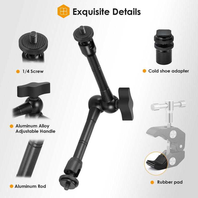 TARION Magic Arm with Super Clamp - 11in/28cm Adjustable Articulating Friction Camera Mount & Clamp with 1/4"" and 3/8"" Thread for LCD Monitor LED Light Flash Light Phone Action Cam, Black