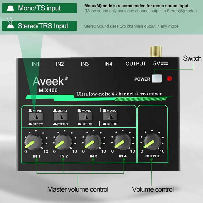 Aveek 4 Channel Mixer - Mini 4 Stereo Audio Mixer, Low-Noise for Precision Sub-Mixing,1/4" TRS Input/Output Ideal for Mics/Guitars/Bass/Stage - 3 x 4.4 x 1.3 inches