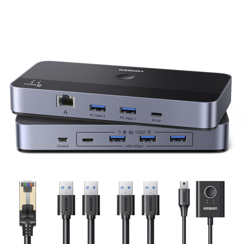 UGREEN USB 3.0 Switch for 2 PCs Simultaneous Internet Access & Sharing USB Devices, USB Switcher Sharing Keyboard and Mouse, Built-in Gigabit Ethernet Adapter, Includes 2 USB Cables & Controller