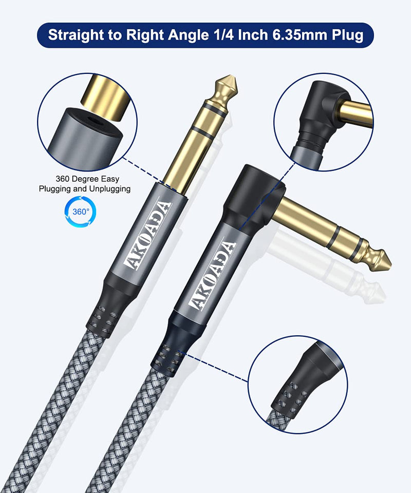 AkoaDa 1/4 Inch TRS Instrument Cable 20ft 2Pack Right Angle 6.35mm Guitar Bass AMP Cord 6.35mm 1/4 TRS Balanced Stereo Audio Male to Male Cable for Guitar,Bass,Keyboard,Mixer,Amplifier,Speaker 20 Feet Grey