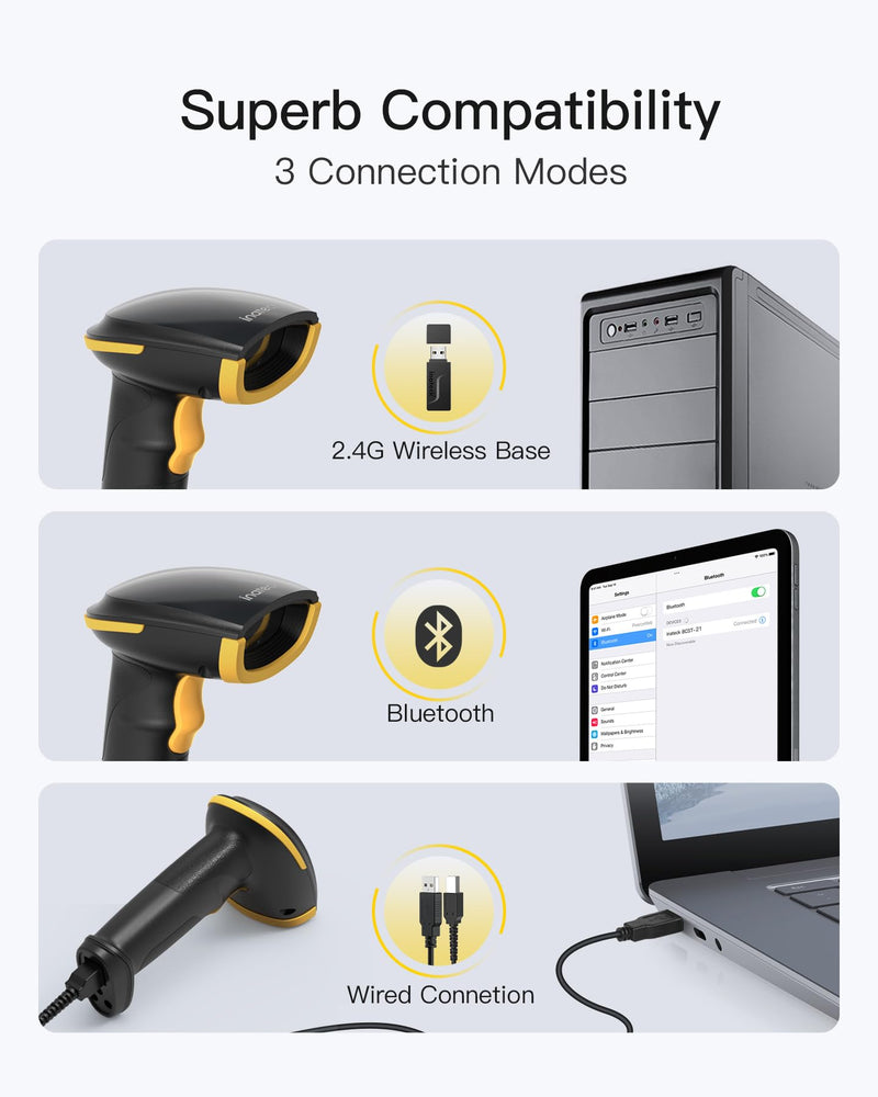Inateck Wireless Barcode Scanner, Bluetooth Bar Code Scanner, 1D USB Barcode Reader Handheld, 2000mAh Battery 1 Charge 3 Months, Scanner Barcode with APP and SDK