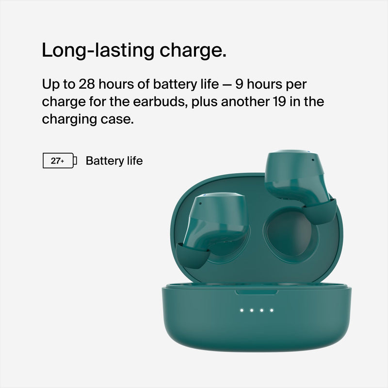 Belkin SoundForm Bolt True Wireless Earbuds, Wireless Charging, 28H | In-ear Bluetooth earbuds, IPX4 sweat resistant, USB-C and Qi charging case, mono mode, gym, commute, travel Teal