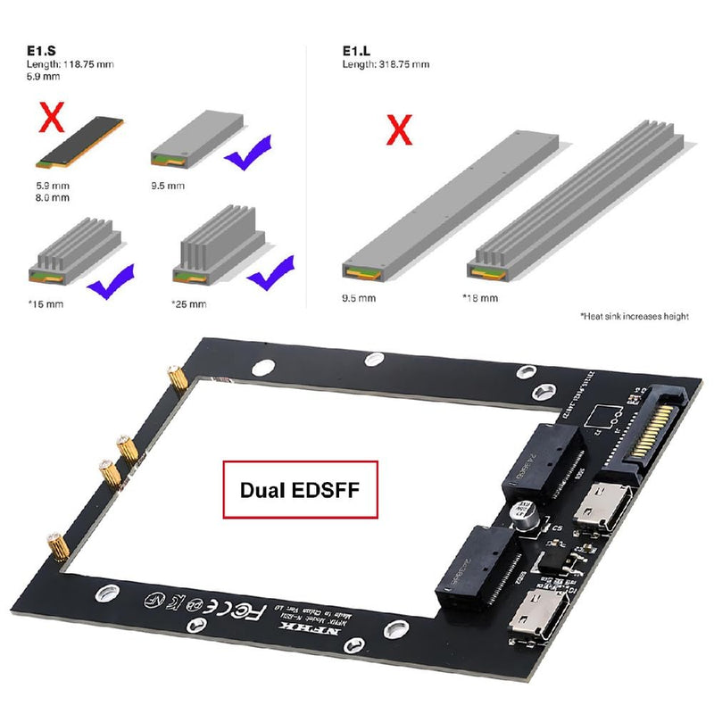 cablecc Dual SFF-8612 Oculink PCI-e 4X Host to Dual Ruler 1U GEN-Z EDSFF 9.5mm 15mm 25mm Short SSD E1.S PCI-E with Heat Sink PM9A3 PM9D3 P5801X Carrier Adapter Dual EDSFF-1C with Heat Sink