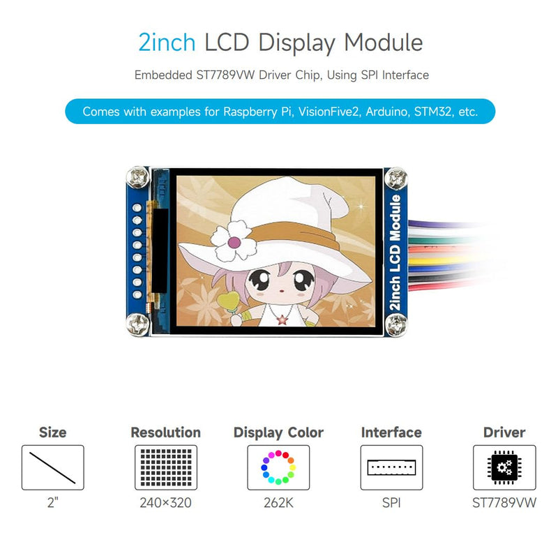Waveshare 2inch LCD Display Module, Compatible with Raspberry Pi/Pi zero/Arduino/Esp32, with ST7789 Driver, 262K Color, IPS Screen, 240×320 Resolution, SPI Interface