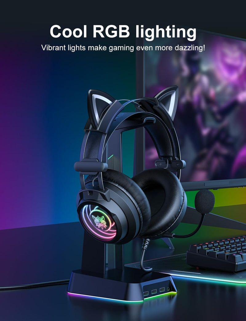 [AUSTRALIA] - Gaming Headset with Microphone, Detachable Cat Ears, Abyssal Mirror RGB Light, 50 MM Drivers Surround Sound, Lightweight Gaming Headphones for PC/Laptop/PS4/PS5/Switch 