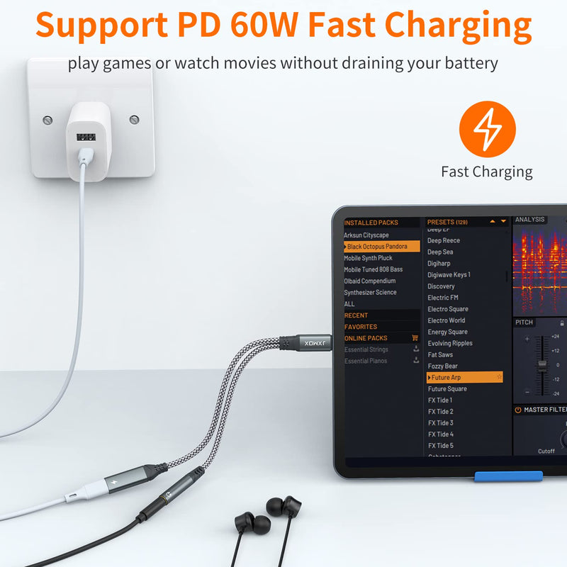 USB C to 3.5mm Headphone and Charger Adapter, 2-in-1 USB Type C to Aux Jack Dongle Cable with PD 60W Fast Charging for iPhone 15 Pro Max Plus, Samsung Galaxy S21 S22 S23 S24 Ultra, Note 20, iPad Pro Grey 1-Pack