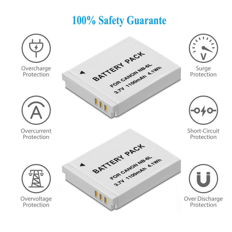 2 Pack NB-6L/NB-6LH Battery and Charger kit Compatible with Canon PowerShot SX540 HS, SX530 HS, SX520 HS, SX510 HS, SX500 HS, SX170 is,SX700 HS, SX710 HS,SX610 HS, SX600 HS, S120, D30, S90