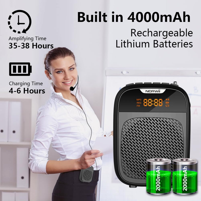 NORWII Mini Voice Amplifier Portable Rechargeable Bluetooth Speaker 4000mAh with Wired Microphone Headset & Waistband, PA system Personal Voice Amplifier for Teachers, Tour Guides, Meeting, Coaches