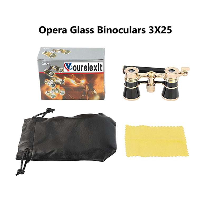 Yourelexit® Opera Glasses Binoculars 3X25 Lorgnette Theater Glasses Optical BK9 Mini Compact Lightweight Built-in Foldable Adjustable Handle Vintage for Adults Women Men in Musical Concert Cinema Gold With Handle and Neck Chain