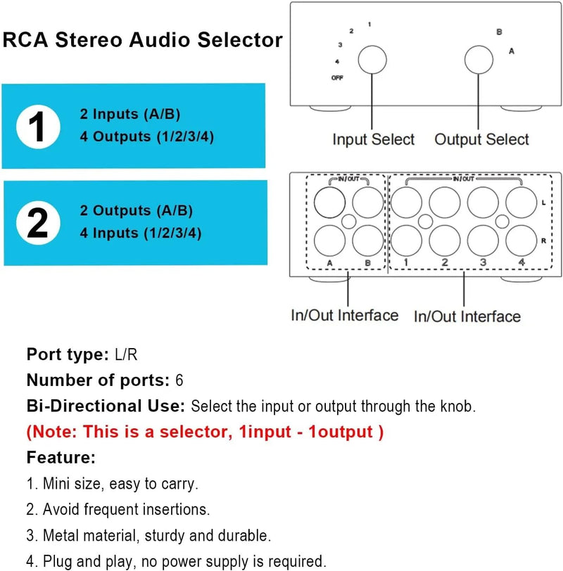 [AUSTRALIA] - 4 Way RCA Switcher 2 in 4 Out L/R Sound Channel Bi-Directional Audio Swith Splitter for DVD Stereo Speaker CD Player 
