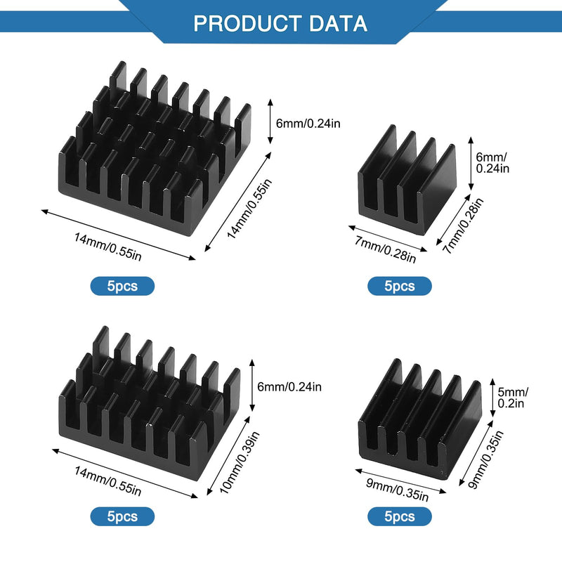 VooGenzek 20 Pieces Aluminium Heatsink Kit, Radiator Fin Heatsink, Heatsink, Cooler, with Heat-Conducting Special Adhesive Film, for Cooling Electronic Components, Black Black - Multiple Sizes - 20 Pieces