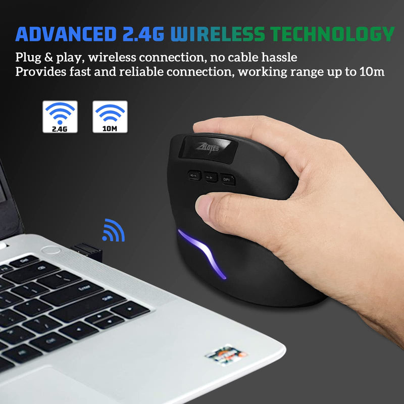 Wireless Vertical Mouse, 2.4G Wireless Ergonomic Vertical Computer Mouse with 3 Adjustable DPI 1000/1600/2400, Rechargeable Laptop Mouse-Reduce Wrist Pain Compatible with PC, Desktop,Mac (Black)… Black