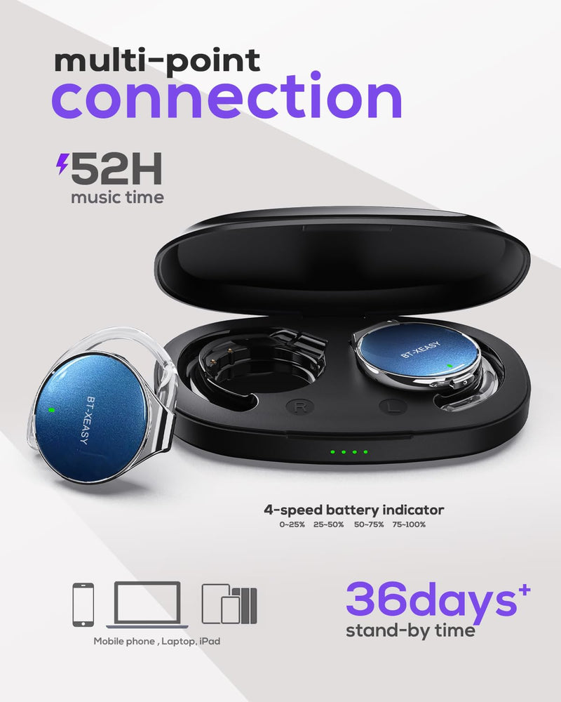 Wireless Earbuds with Ear Hooks V5.4, Open-Ear Sports Headphones | Secure Fit, 52Hrs Headset with Mic, Dual Device Earbuds for Running/Work/Gym Black Blue