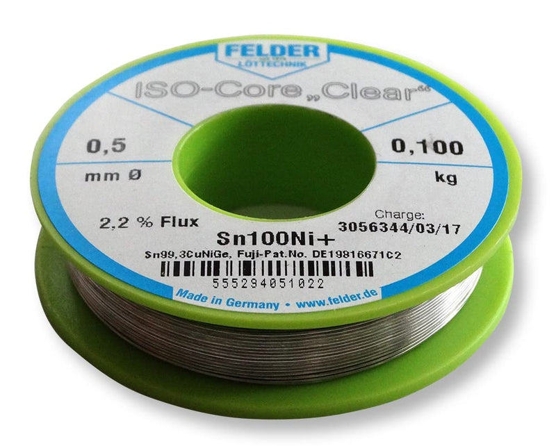 Felder Solder ISO Core Soldering Wire Clear Sn100Ni+ Sn99.3CuNiGe (0.5 mm to 100 g)