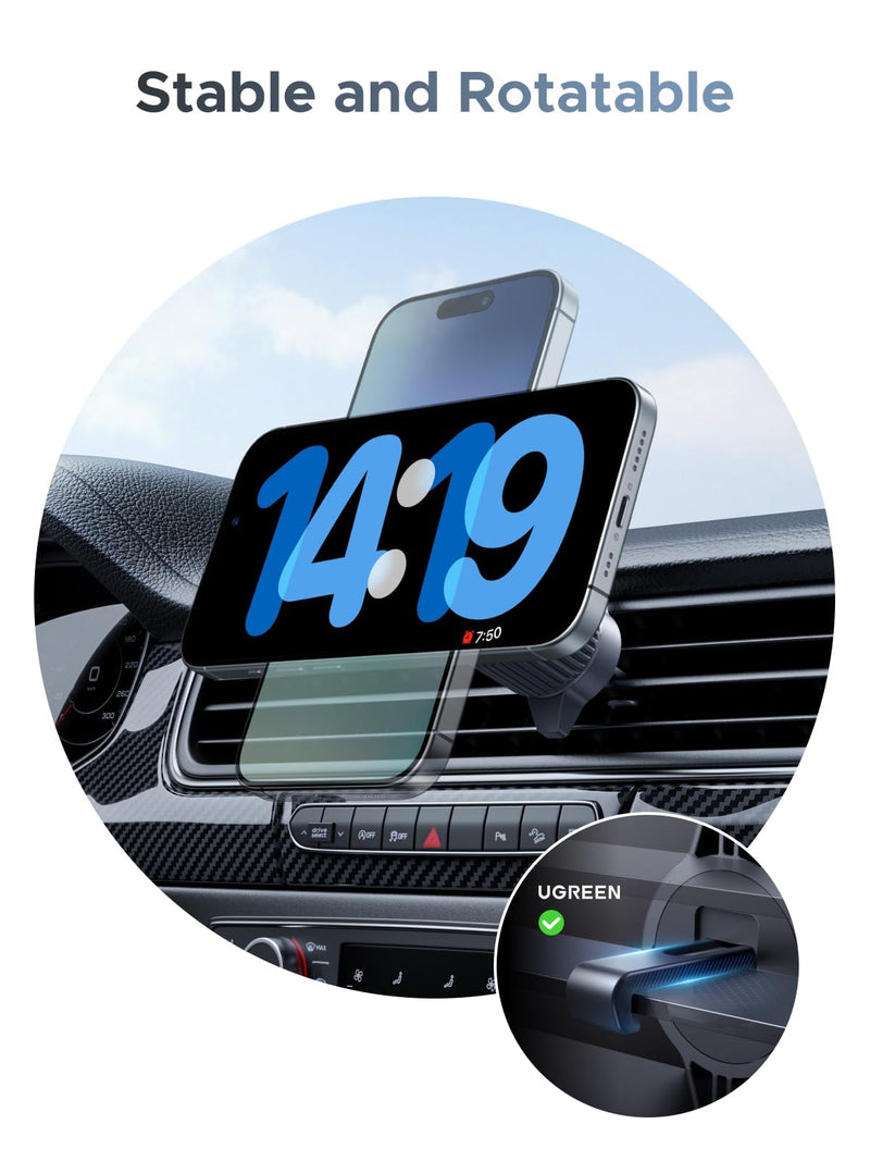 UGREEN MagFlow 25W Qi2.2 MagSafe Compatible Wireless Car Charger Mount | Air Vent Clip and Fast Power, 360°Adjustable Car Phone Holder for iPhone 17-12 Series and More, Includes USB-C Cable