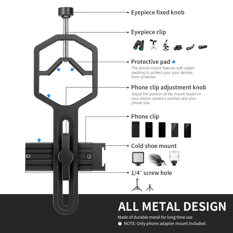 NEEWER Metal Telescopic Mobile Phone Holder, 2.09-3.54 Inch Universal Mobile Phone Holder for Spotting Scope, Telescope, Microscope, Binocular, Monocular Suitable for Eyepiece with Diameter 1.02 - Klein