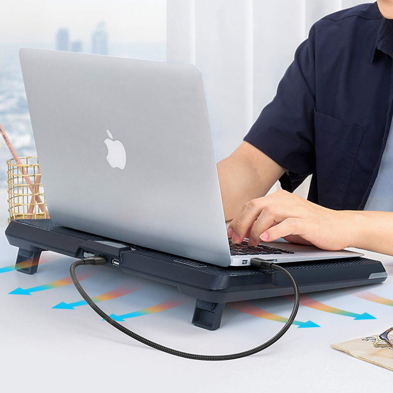 AICHESON S035 5 Fans Blue Light Laptop Cooling Pad and 2 Pack Type A Male to Type A Male Cable Combination Set