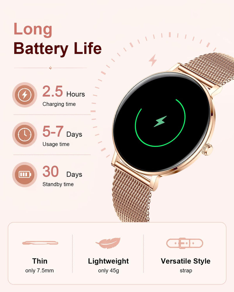 Smart Watches for Women,1.32'' AMOLED Ultra-Thin Smart Watch with Bluetooth Make/Answer Call,Heart Rate/SpO2/Sleep Tracker,120+ Sport Modes IP68 Fitness Watch Android/iOS Compatible,4 Straps,Rose Gold Rose Gold(4 Bands)