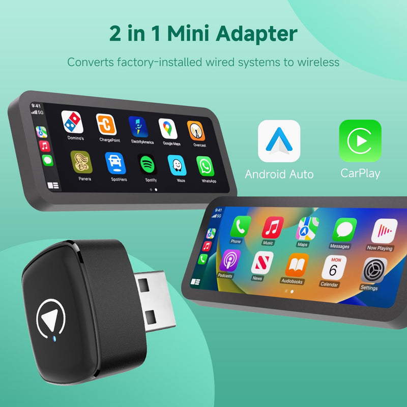M1 2in1 Wireless CarPlay Android Auto Adapter Mini Car Play Dongle | Low‑Latency Mini Wireless Alloy & Glass Design, Turns Factory Wired CarPlay & Android Auto Into Wireless for iPhone & Android USB Type A