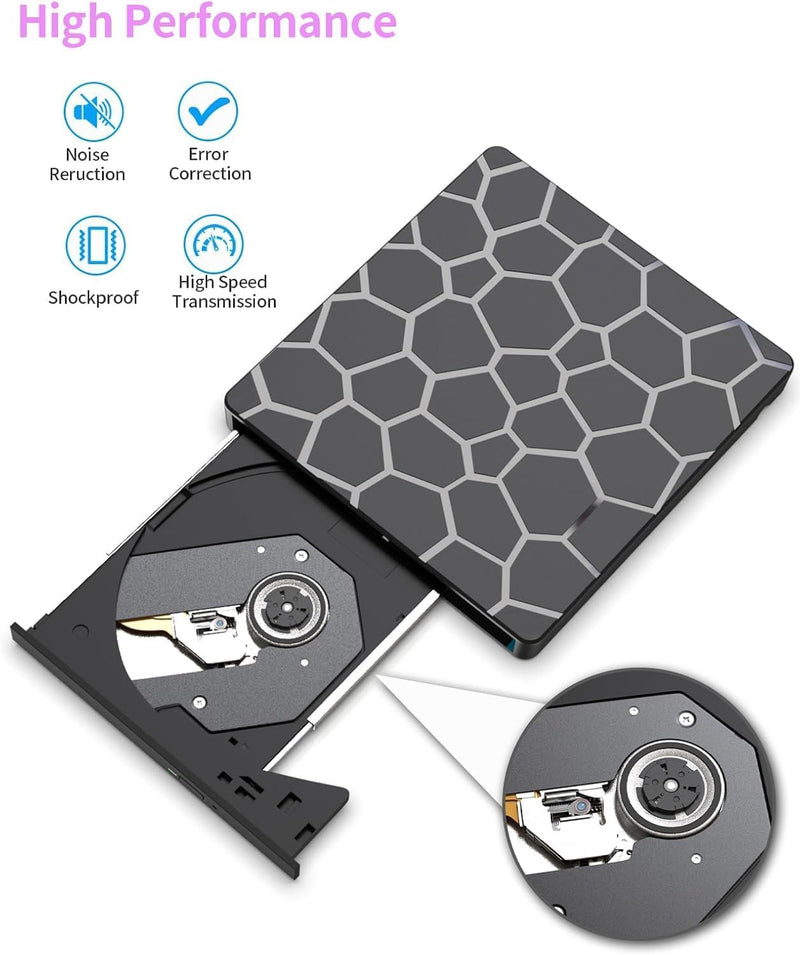 8 in 1 External CD DVD Drive USB 3.0 and Type-C Disc Reader Burner Player | Optical Drive for PC Laptop Desktop MacBook Mac Windows Linux OS Apple 8 in 1