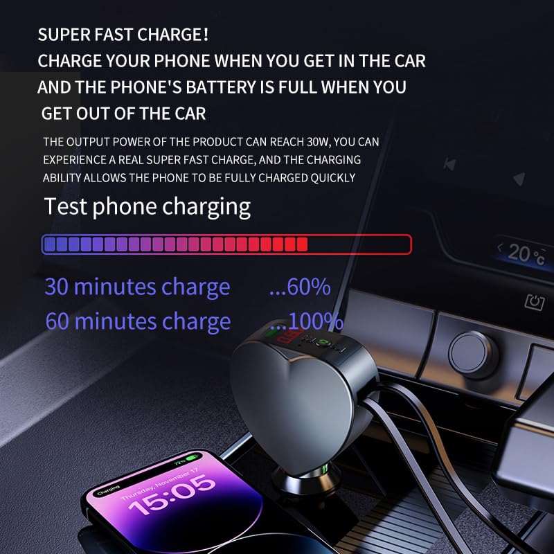 [AUSTRALIA] - ﻿ CYZFOWDUO Bluetooth 5.3 Car Adapter with Retractable Fast Charger, FM Transmitter Radio Receiver, Handsfree Calling & Audio Receiver, MP3 Music Player, LED Display Hands-Free Calling Support USB 