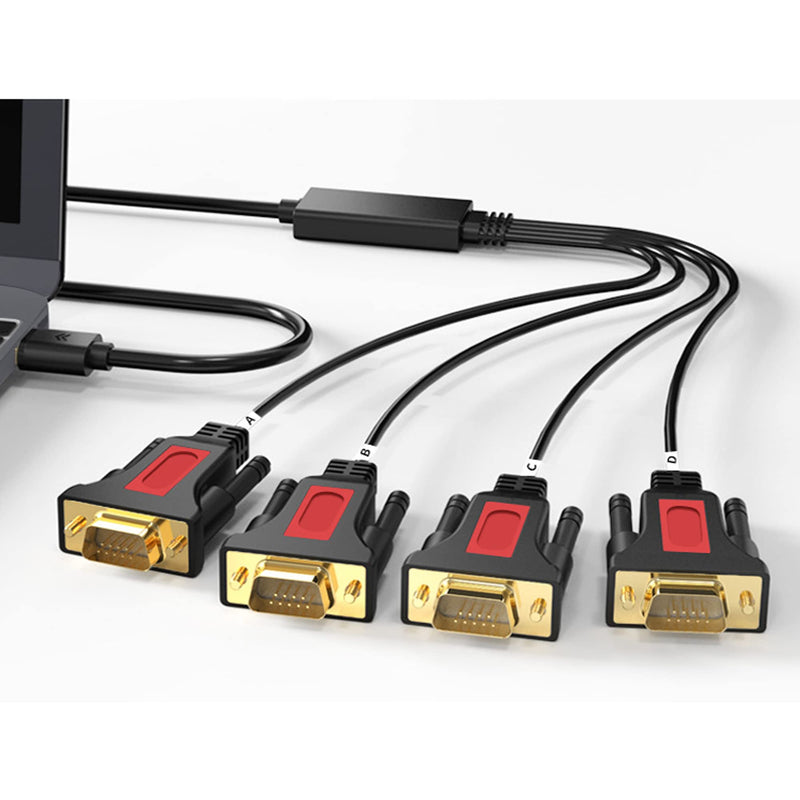 4 Port USB to RS232 DB9 Serial (9-Pin) Adapter Cable 5ft Compatible with MAC OS, Windows, Android, Linux (4 Port) 4 Port