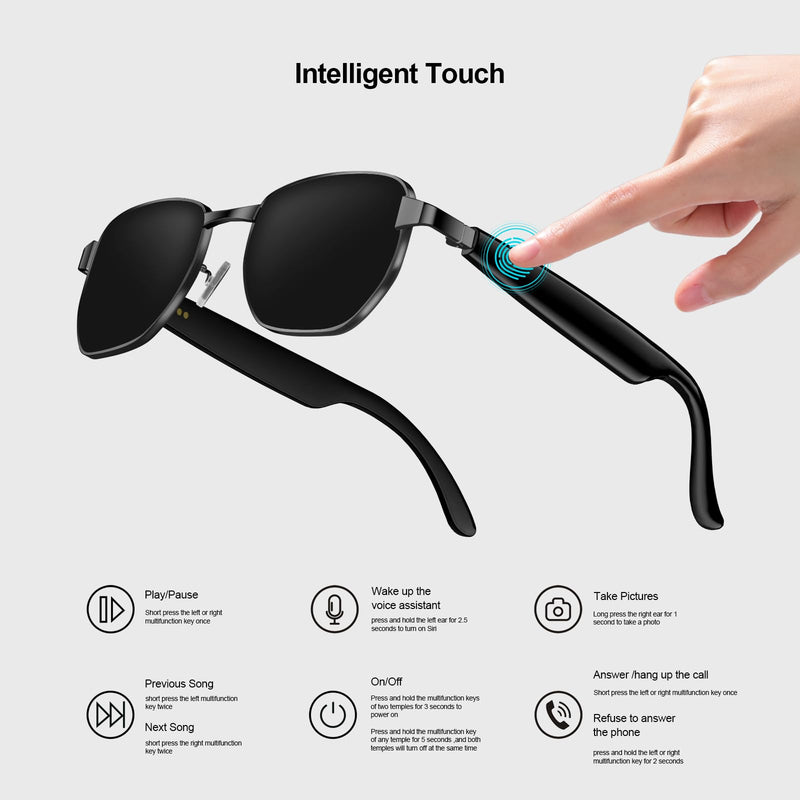 Bluetooth smart sunglasses, audio glasses, nylon lenses, built-in microphone and speaker, UV protection Black