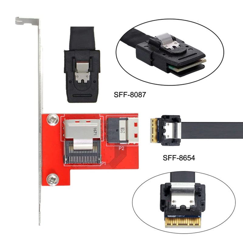 CY PCI-Express 4.0 Slimline SAS SFF-8654 to Mini SAS SFF-8087 PCBA Female Adapter with Bracket Red SFF-8087 to SFF-8654