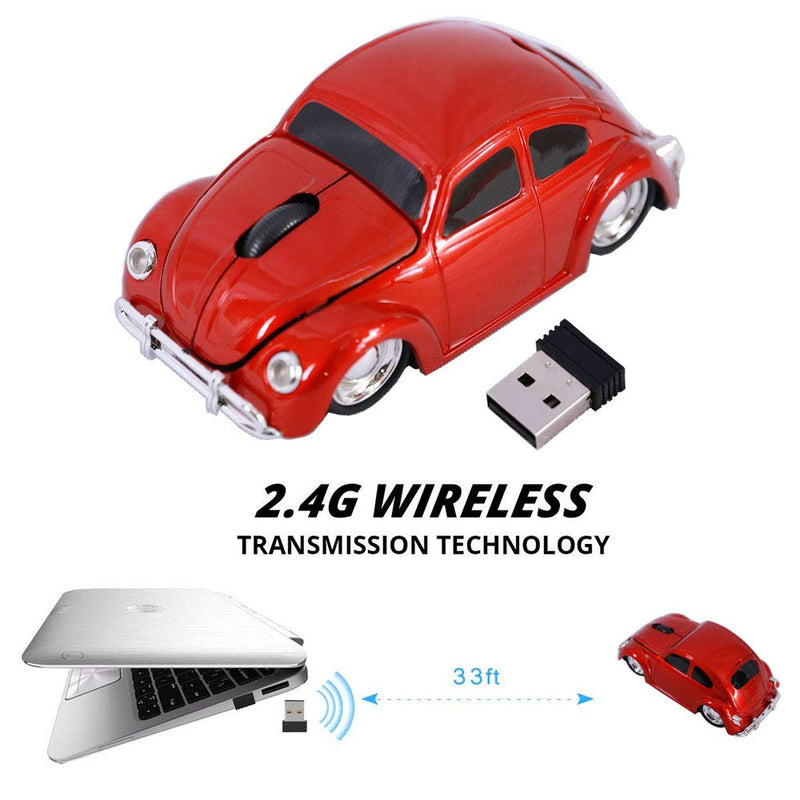 Jinfili 2.4G USB Wireless Car Mouse 1967's Classical Shaped Car Computer Mouse Ergonomic Gaming Mice for Desktop Laptop PC Mac Window 10 Red
