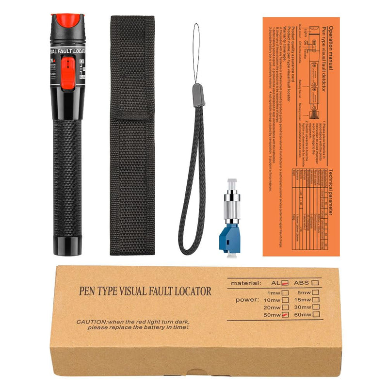 50 MW FTTH Fibre Optic Tester, Visual Fault 50 km Locator Fibre Optic Cable Tester Fibre Optical, VFL Fibre Optic Tester, Fibre Optic Cable Tester with Singlemode 9/125 um FC Male to LC Female Adapter red