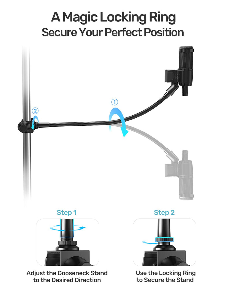19-inch Gooseneck Microphone Holder Stand, Flexible Mic Arm with Super Crab Clamp for Mic Stand/Desk/Rod/Pole/Stick/Shelf/Tube Clamping, Ideal for Music Stand, Piano, Drum Recording