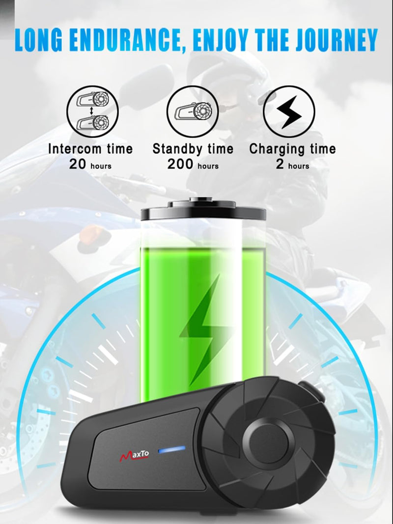 MAXTO MX1 Motorcycle Bluetooth Headset for 2 Riders 800M Intercom, 1 Pack | IPX6 Waterproof, HiFi Stereo Sound, Universal Intercom Communication Systems, 2 in1 Microphone, Motorcycle Helmet Speakers