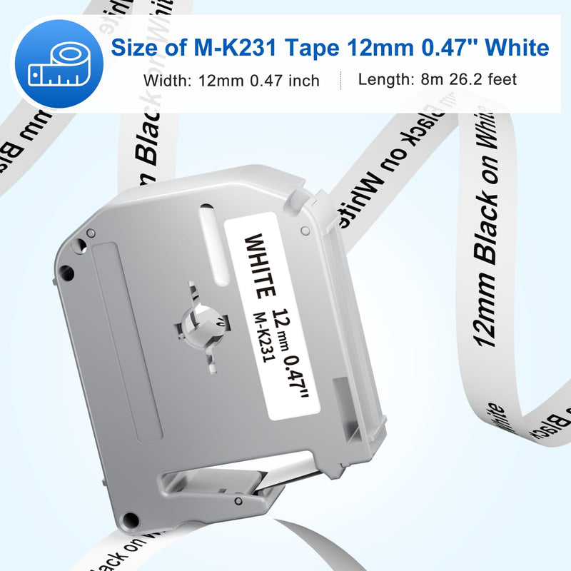 [AUSTRALIA] - Labelife M-K231 Label Tape Replace for Brother P Touch M Tape M-K231S M231 MK231 M-231 12mm 0.47 Inch for Brother PTouch PT-M95 PT-65 PT-80 PT-70 PT-45 PT-90 Label Makers, Black on White, 4 Pack 