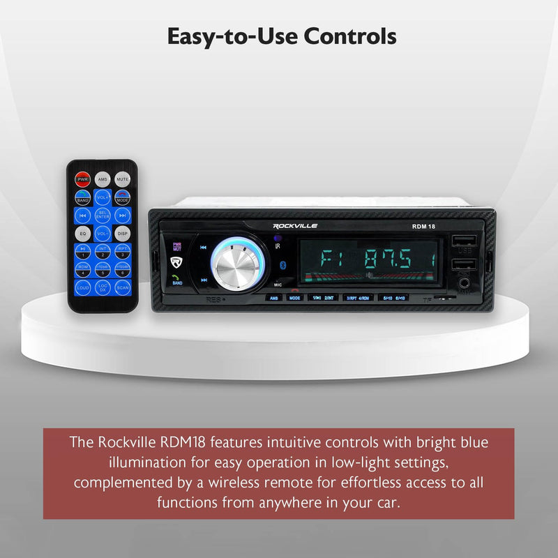 Rockville RDM18 V2 In-Dash Digital Media Car Receiver, 50W, 4 Channels, Bluetooth, AM/FM, MP3, USB/SD, Color Selectable, Remote, Perfect for Car Audio | Dual USB with Charging, 32GB SD, 50W x 4 Peak / 17W x 4 RMS, Front Aux, Single DIN, Remote, Color L...