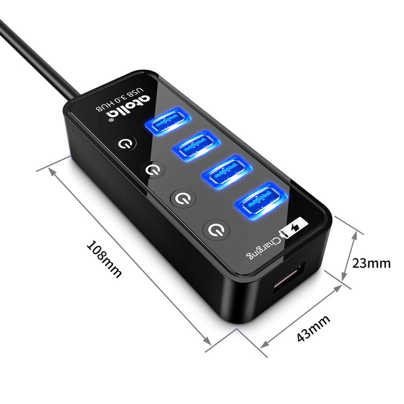 Powered USB Hub, atolla 4-Port USB 3.0 Hub with 4 USB 3.0 Data Ports and 1 USB Smart Charging Port, USB Splitter with Individual On/Off Switches and 5V/3A Power Adapter
