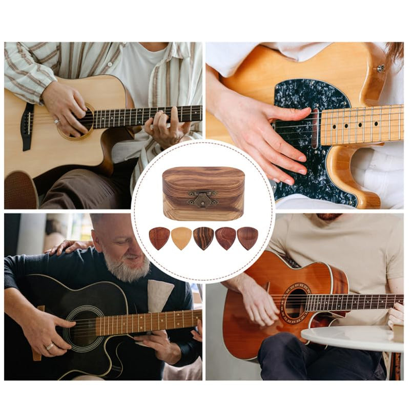 Alasum Pick Storage Box - Elegant Wooden Guitar Holder with 2 Natural Wood Picks Portable and Stylish Case for Guitar Accessories